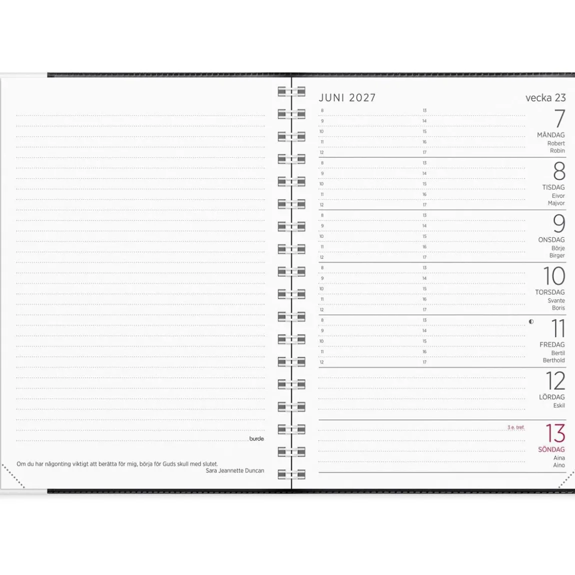 Almanacka Burde 1196 Liten Veckokalender Plast 2027 Svart
