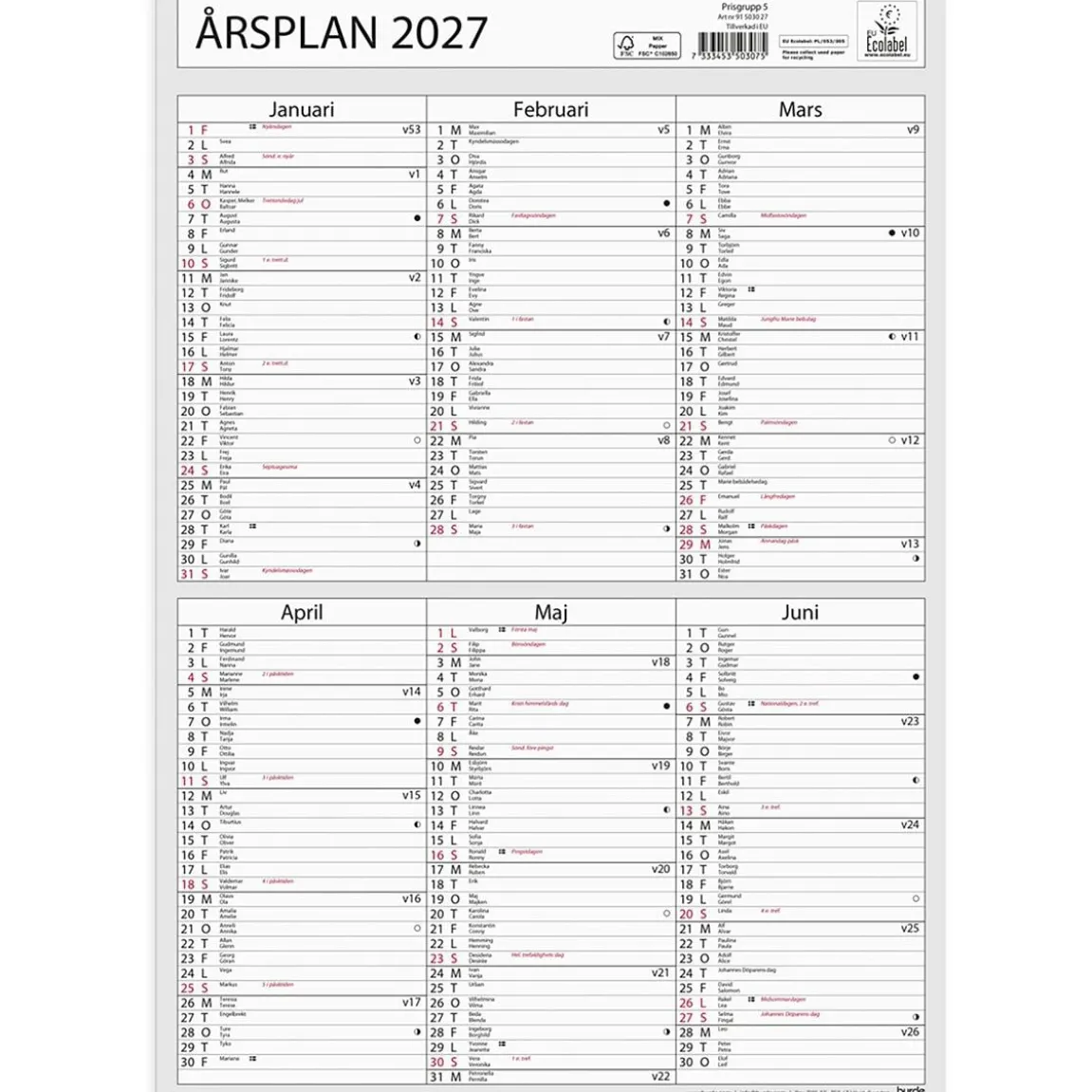 Almanacka Burde 5030 Årsplan 2027