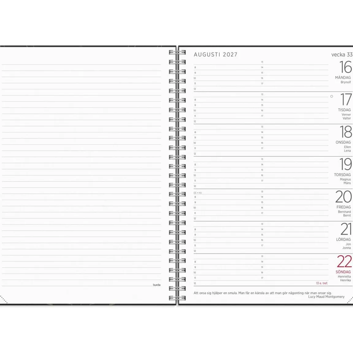 Almanacka Burde 5108 Stor Veckokalender ECO Line 2027 Svart