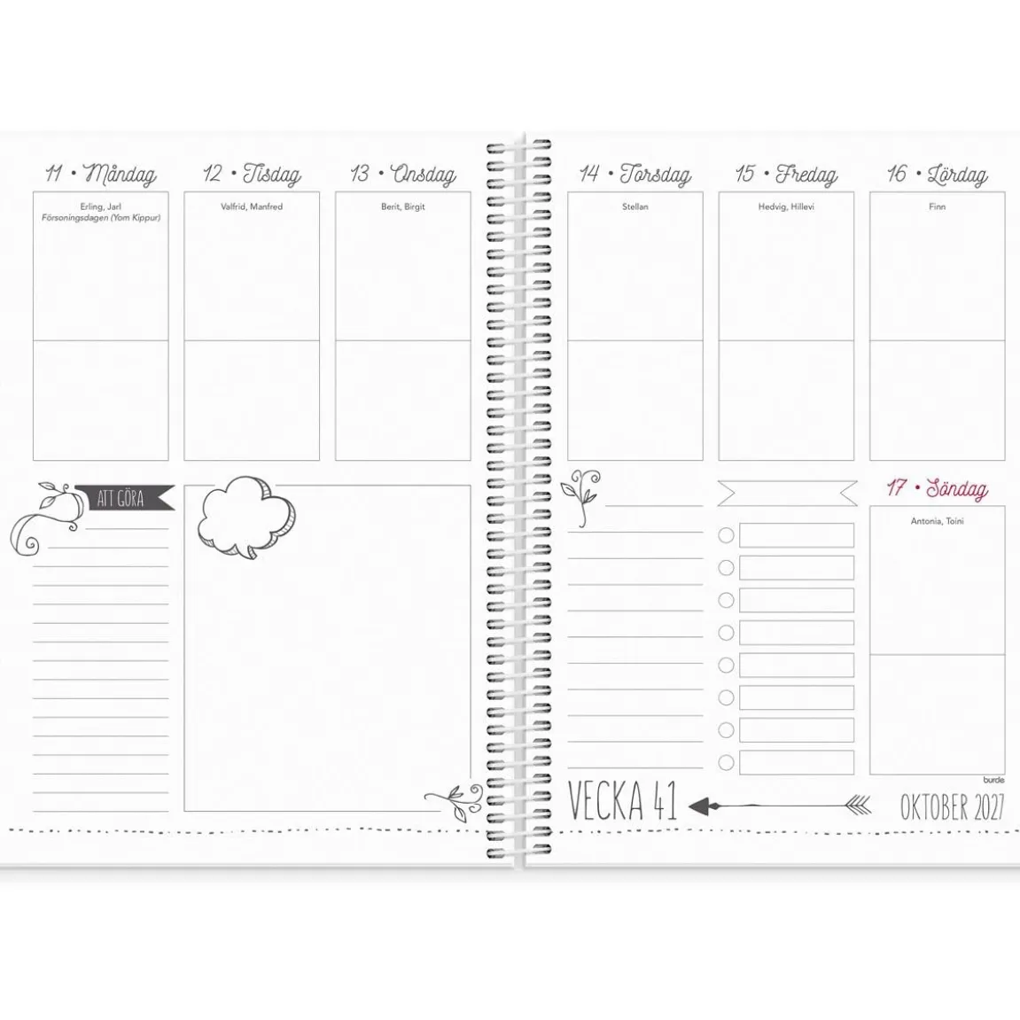 Almanacka Burde 1222 Veckoplanering Doodle 2027