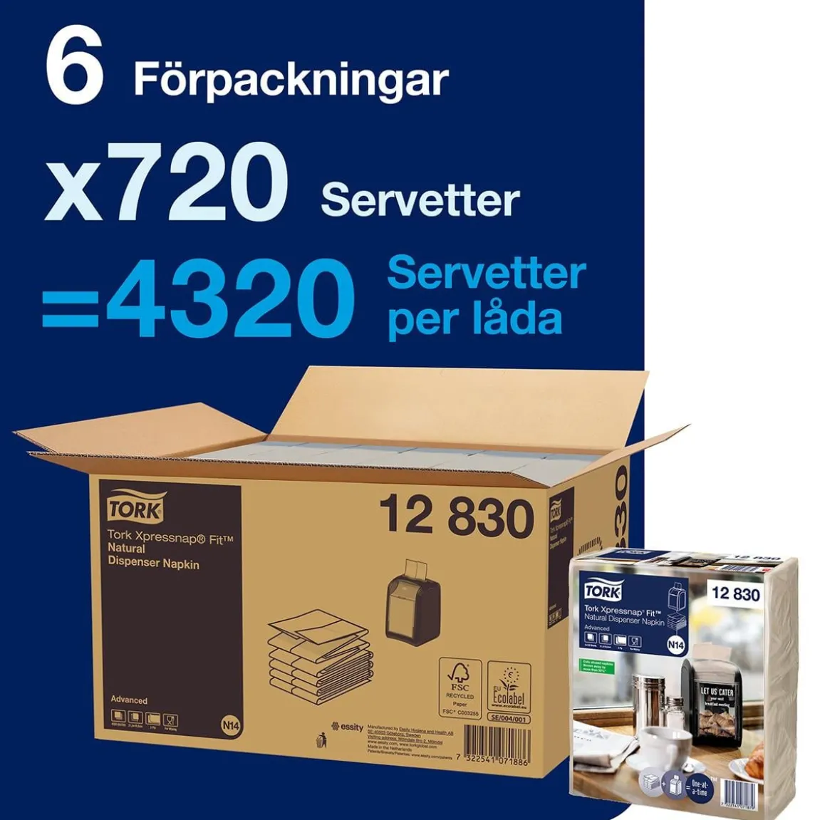 Dispenserservett Tork N14 2-lag Natur 16,5x21,3cm
