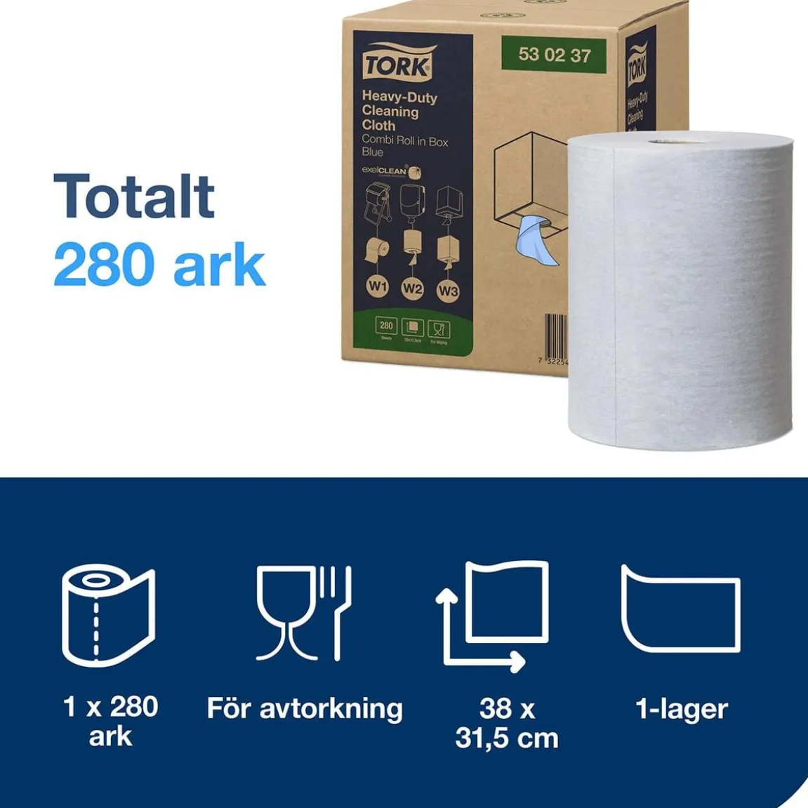 Industrirulle Tork W1/2/3 Kraft 1-lg Blå 320mm x 106m