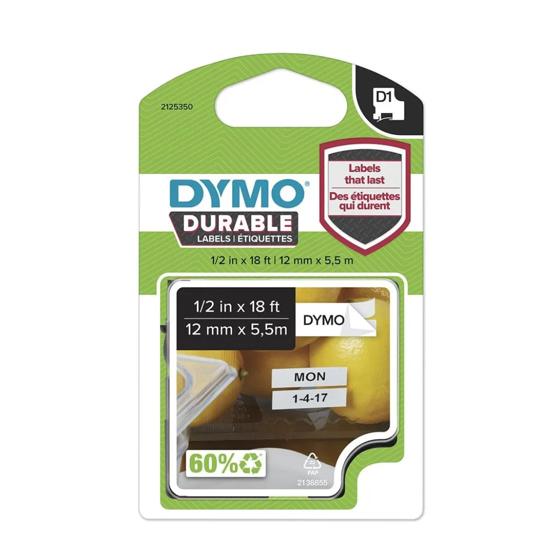 Märkband Dymo D1 Durable extra stark Svart/Vit 12mm