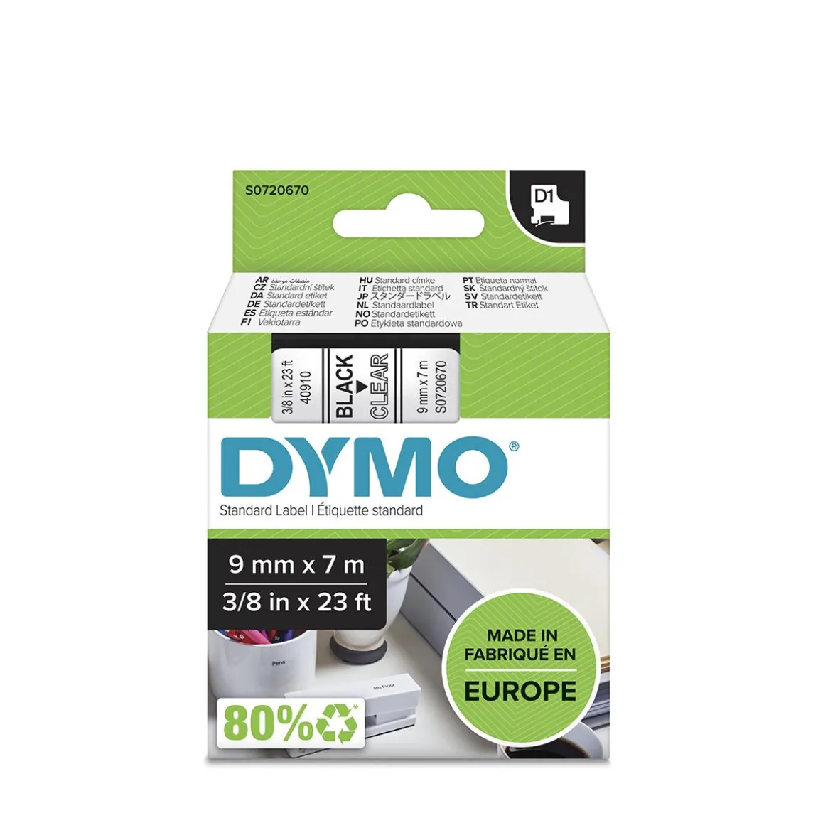Märkband Dymo D1 9mm Svart/Klar 7m