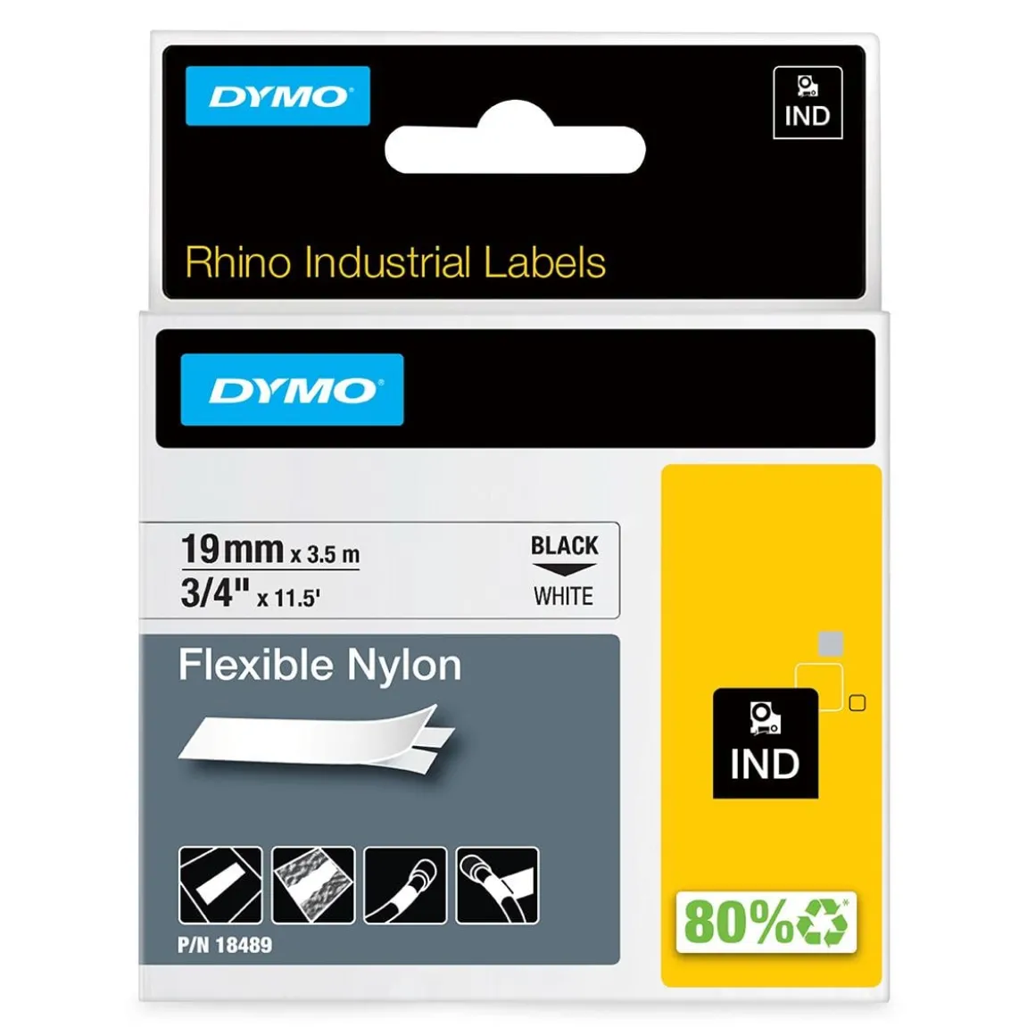 Märkband Dymo Rhino Nylon Flexibel 19mm Svart/Vit 3,5m