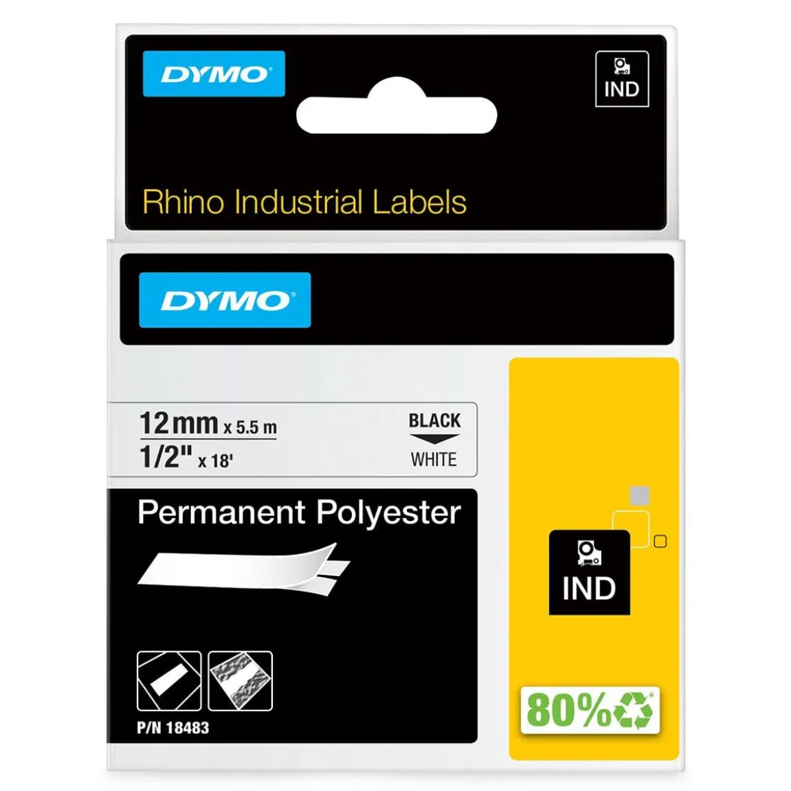 Märkband Dymo Rhino Polyester Permanent 12mm Svart/Vit 5,5m
