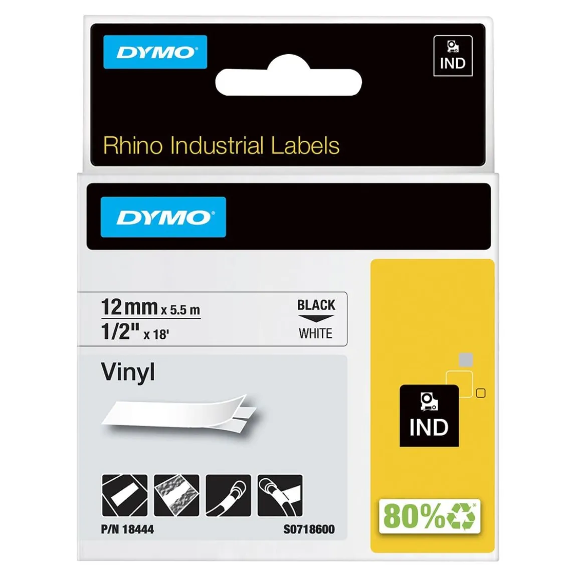 Märkband Dymo Vinyl 12mm Svart/Vit 5,5m