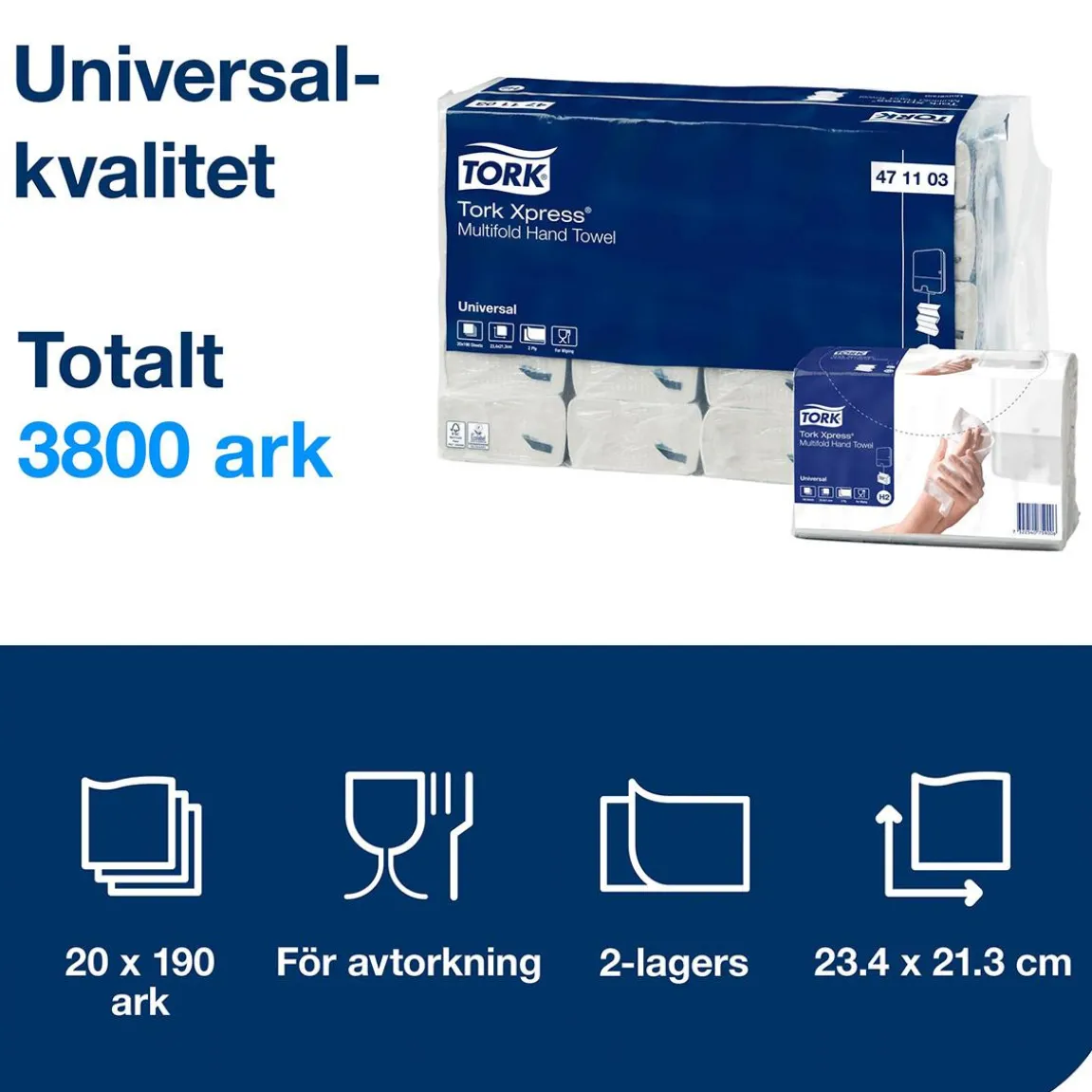 Pappershandduk Tork H2 Uni 2-lg 213x234mm