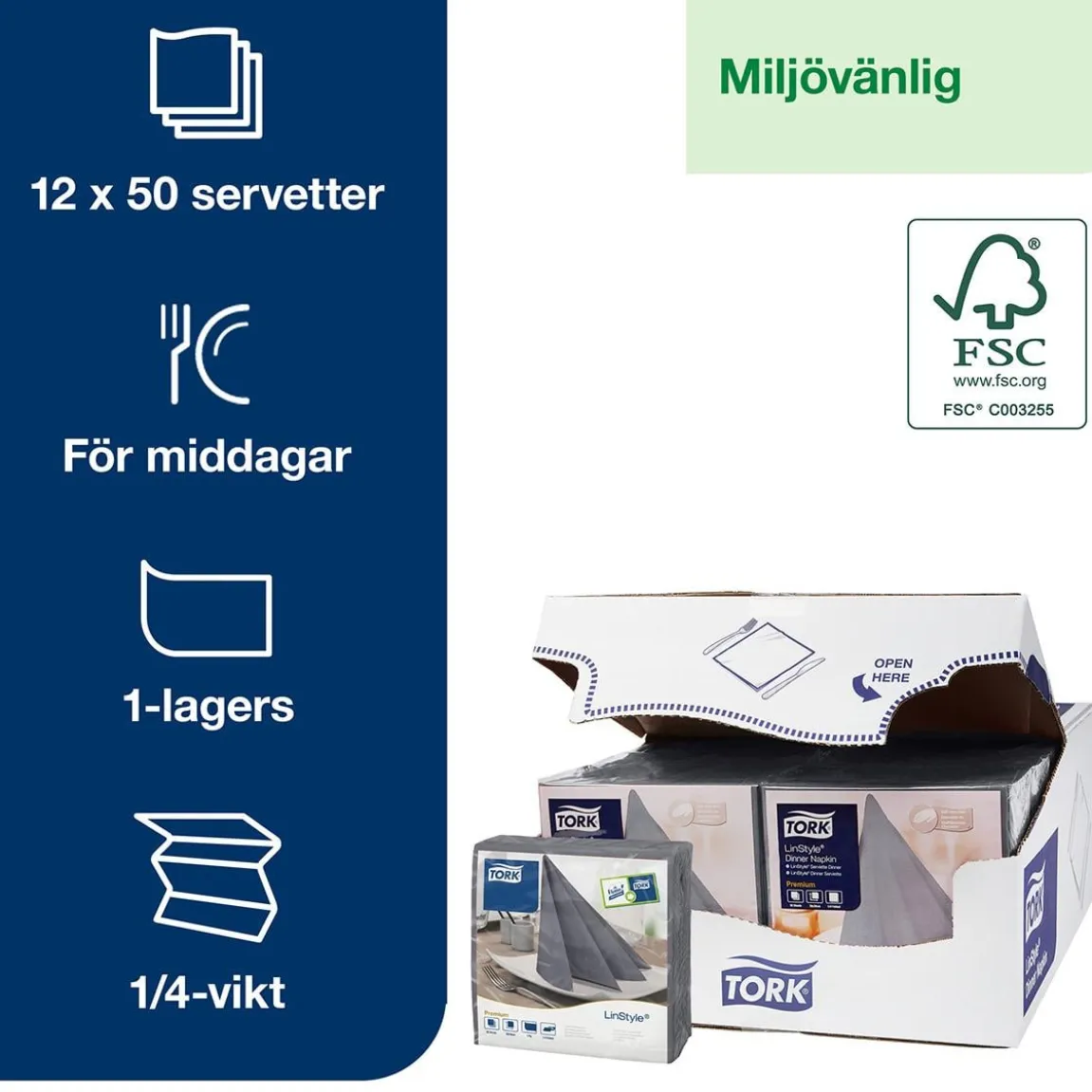 Servett Tork LinStyle Grå 39x39cm
