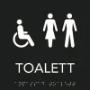 Skylt taktil Rullstol/toalett 150x150mm svart med vit text