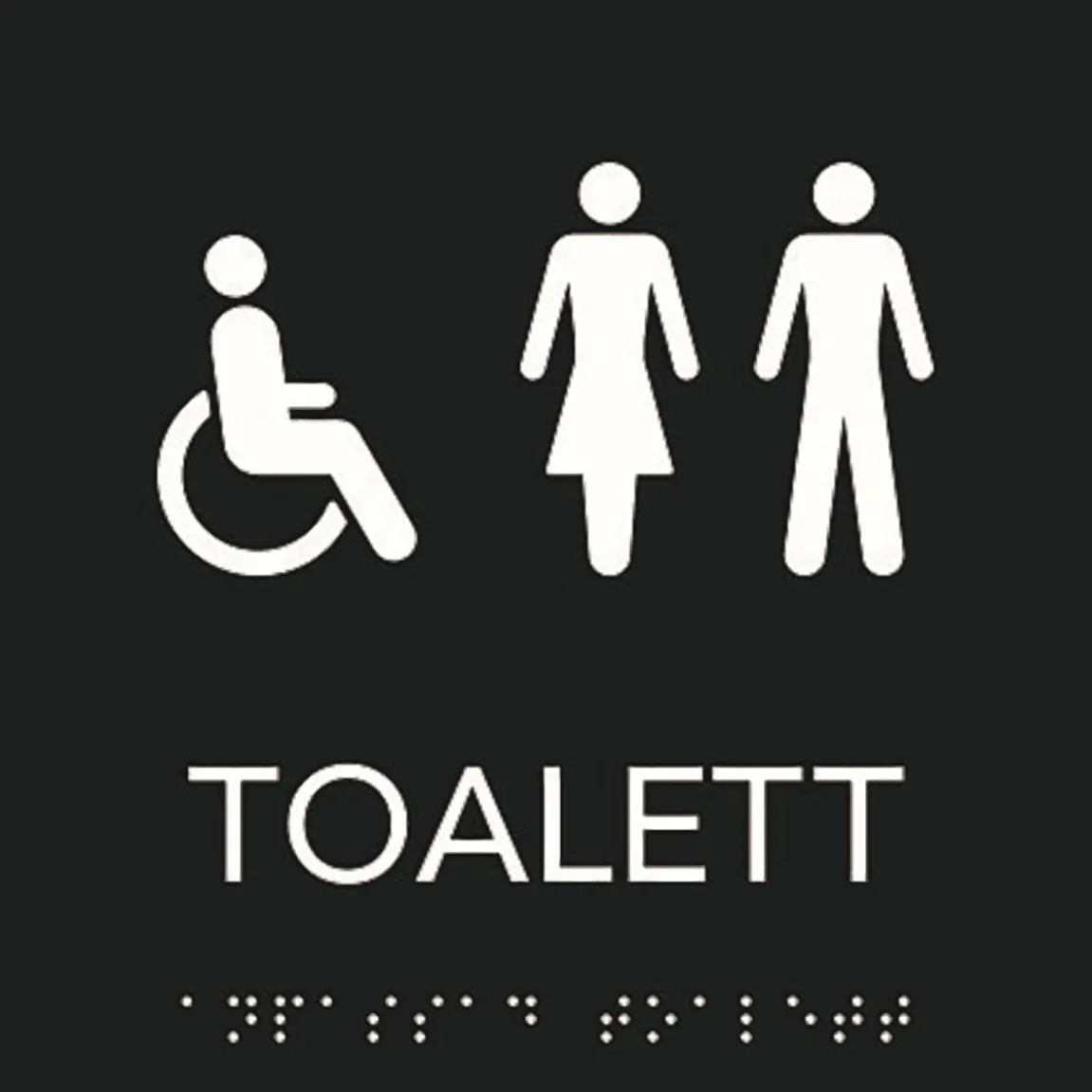 Skylt taktil Rullstol/toalett 150x150mm svart med vit text