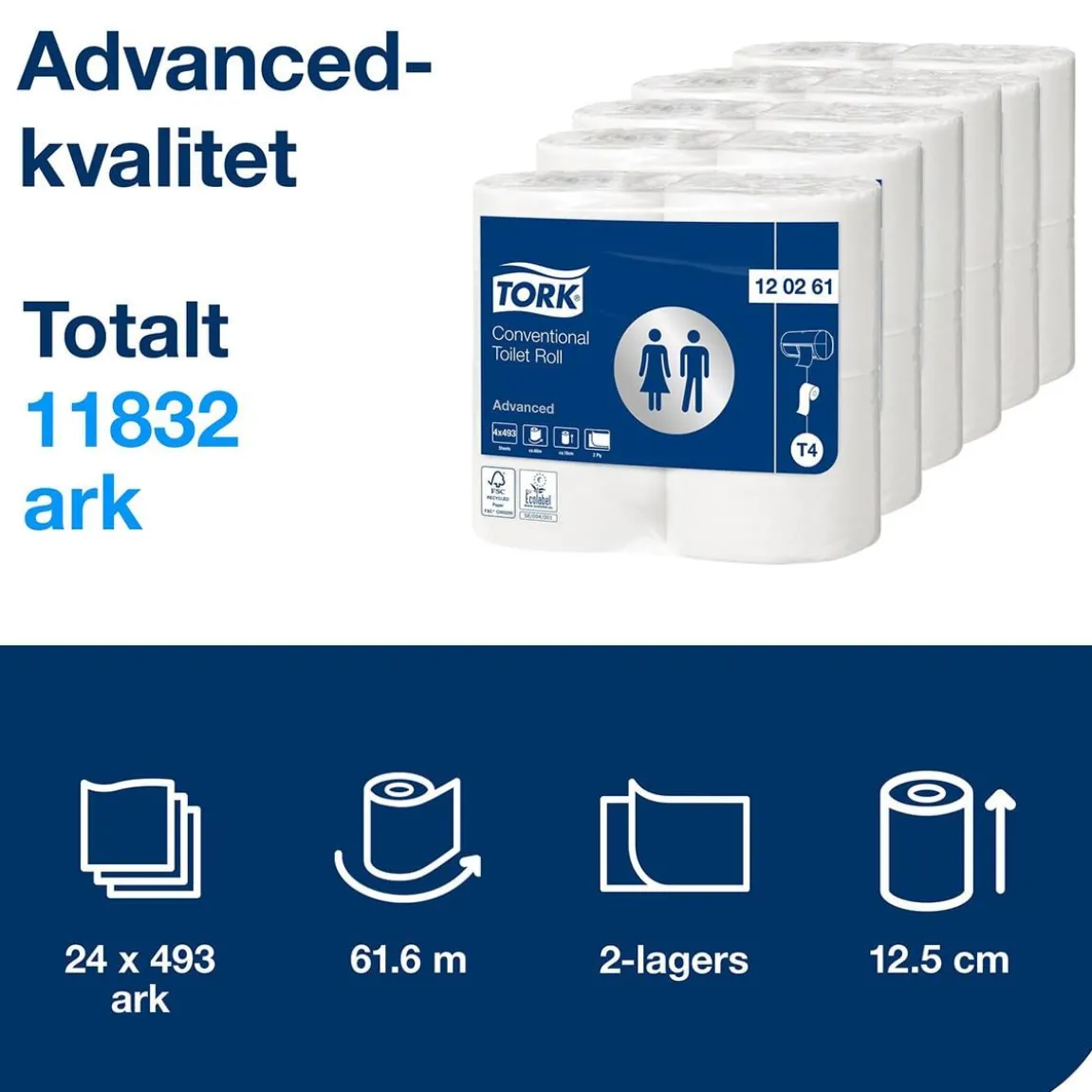 Toalettpapper Tork T4 Advanced 2-lg Vit 61,6m