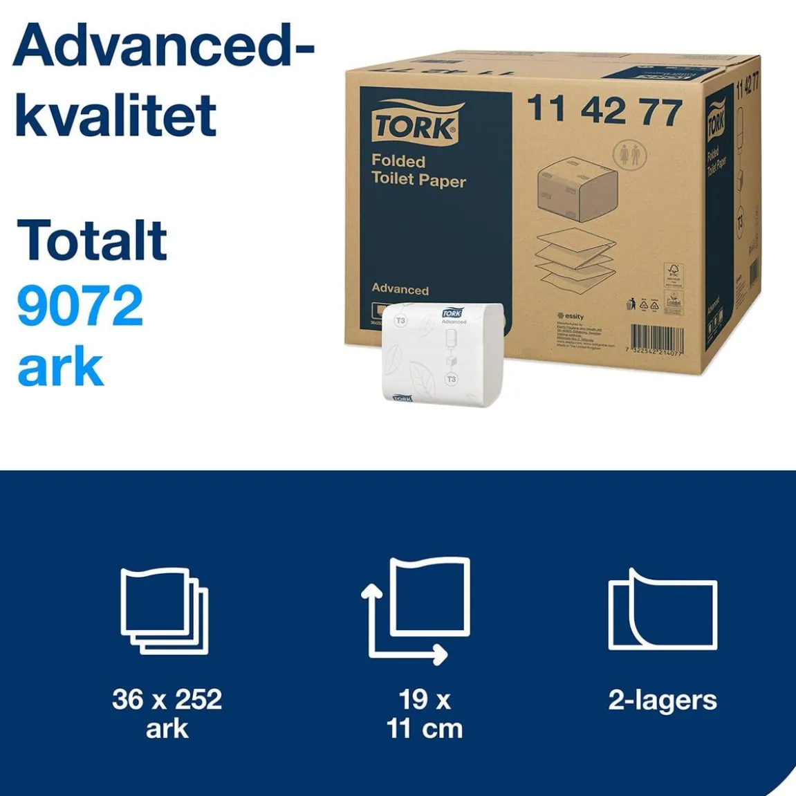 Toalettpapper Tork T3 Advanced 2-lg Vit 19x11cm