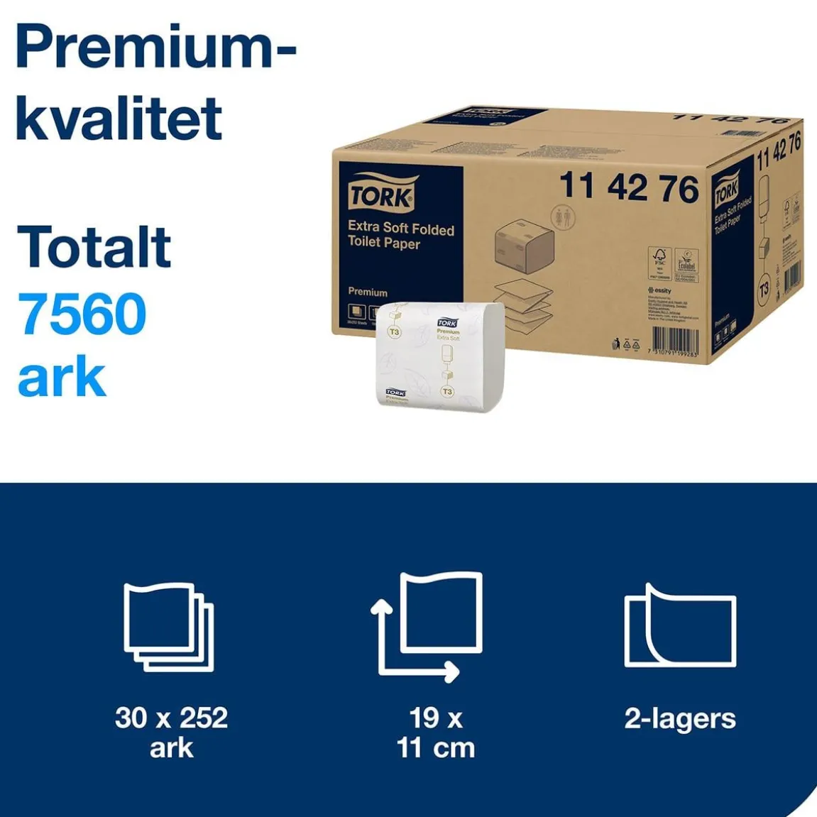 Toalettpapper Tork T3 Prem Soft 2-lg Vit 19x11cm