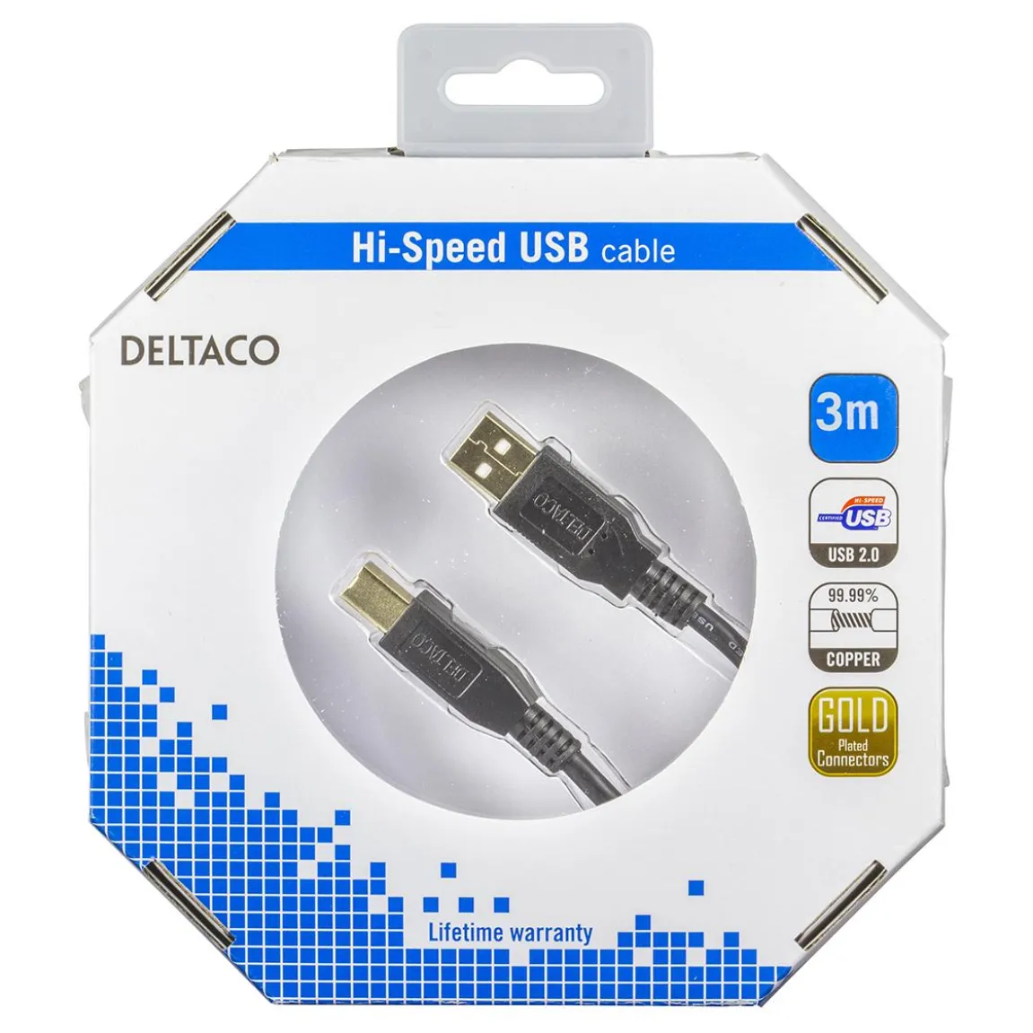 USB 2 kabel Deltaco A-B hane/hane 3,0m