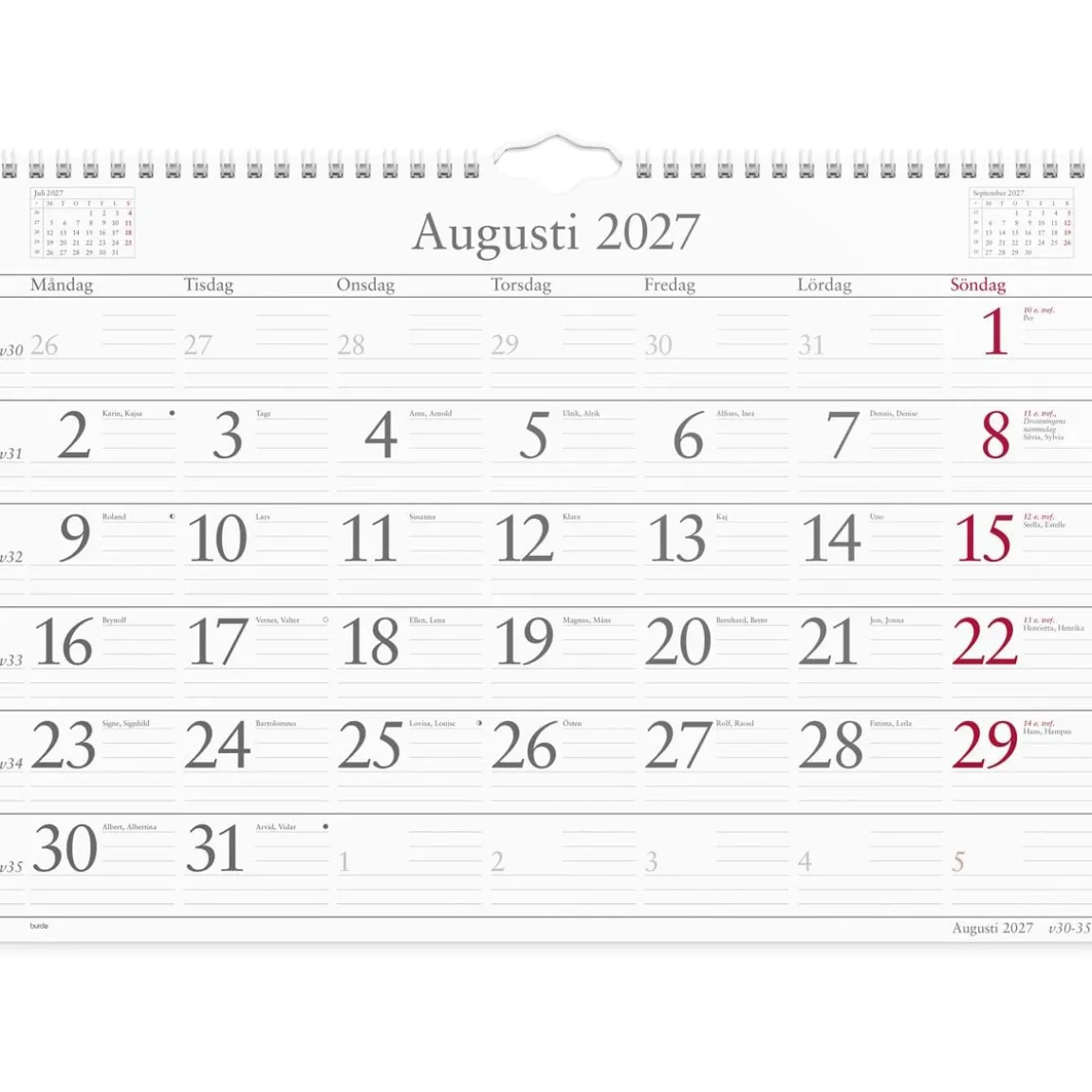 Väggkalender Burde 1700 Månadskalendern 2027