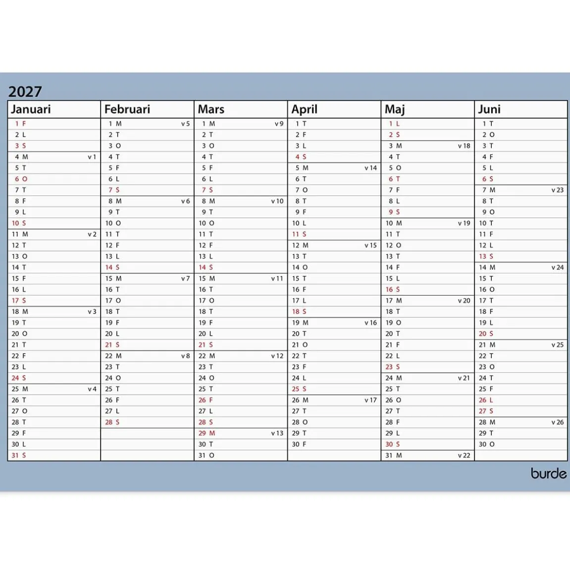Väggkalender Burde 5072 Väggblad 26-27 A4