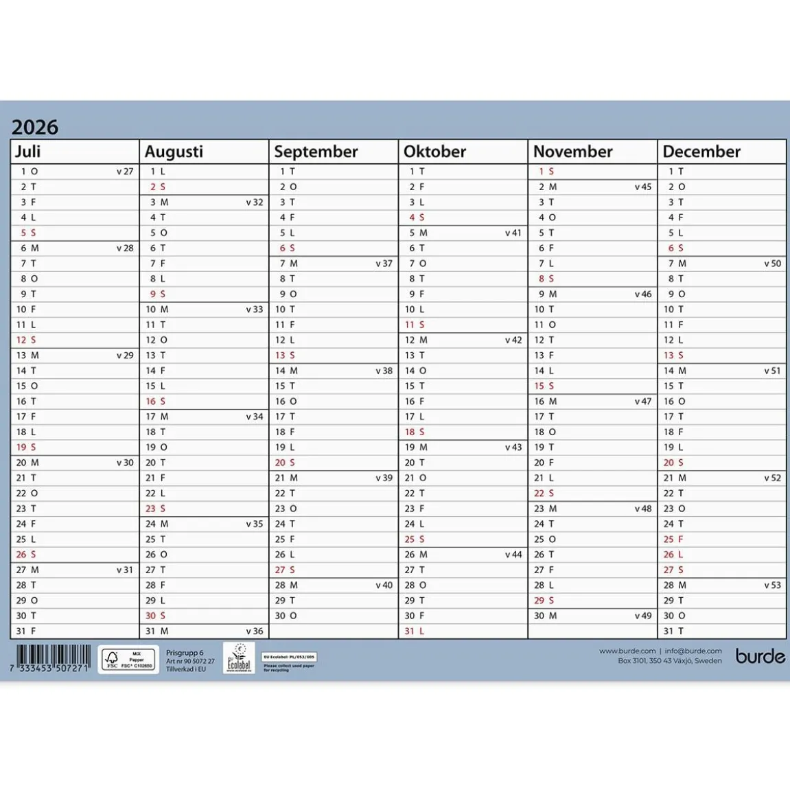 Väggkalender Burde 5072 Väggblad 26-27 A4