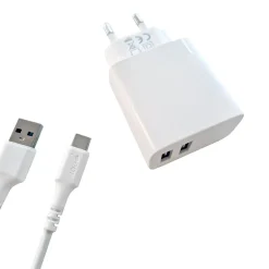 Väggladdare Gear 2xUSB-A 3.4A Kabel USB-A till USB-C 2.0 1m